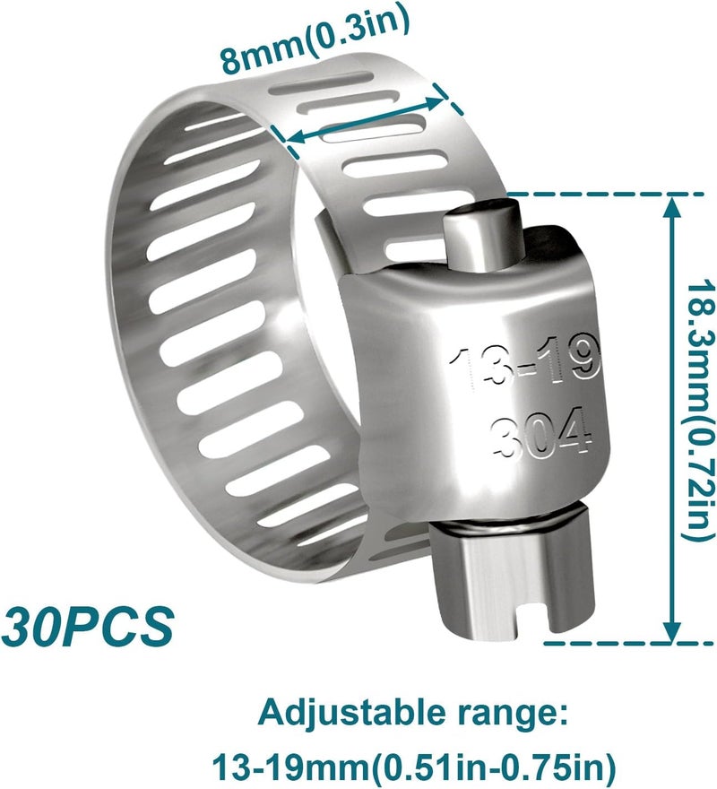 SDZONGES Hose Clamp, 30PCS Fuel Line Clamp, 1/2 inch to 3/4 inch Radiator Hose Clamps, Hose Clamps Stainless Steel(13-19mm). - Image 2